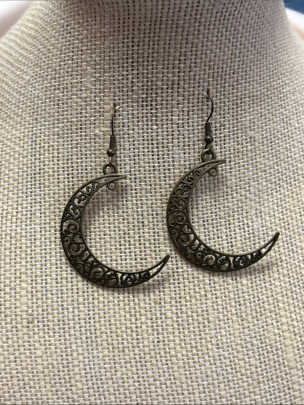 Crescent Moon Dangle Earrings - Antique Brass